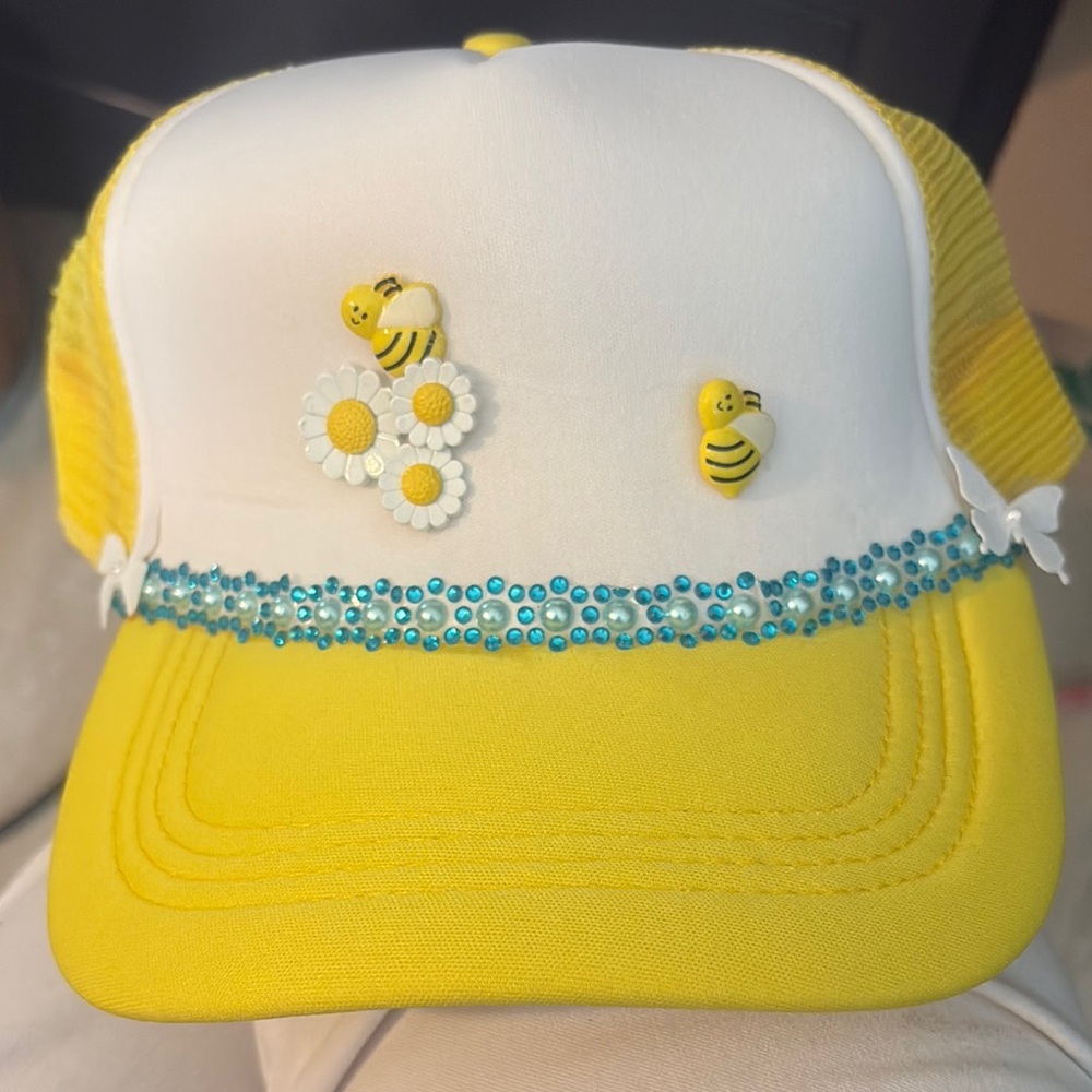 Yellow and White Kids Cap with Bee and Flower Design
